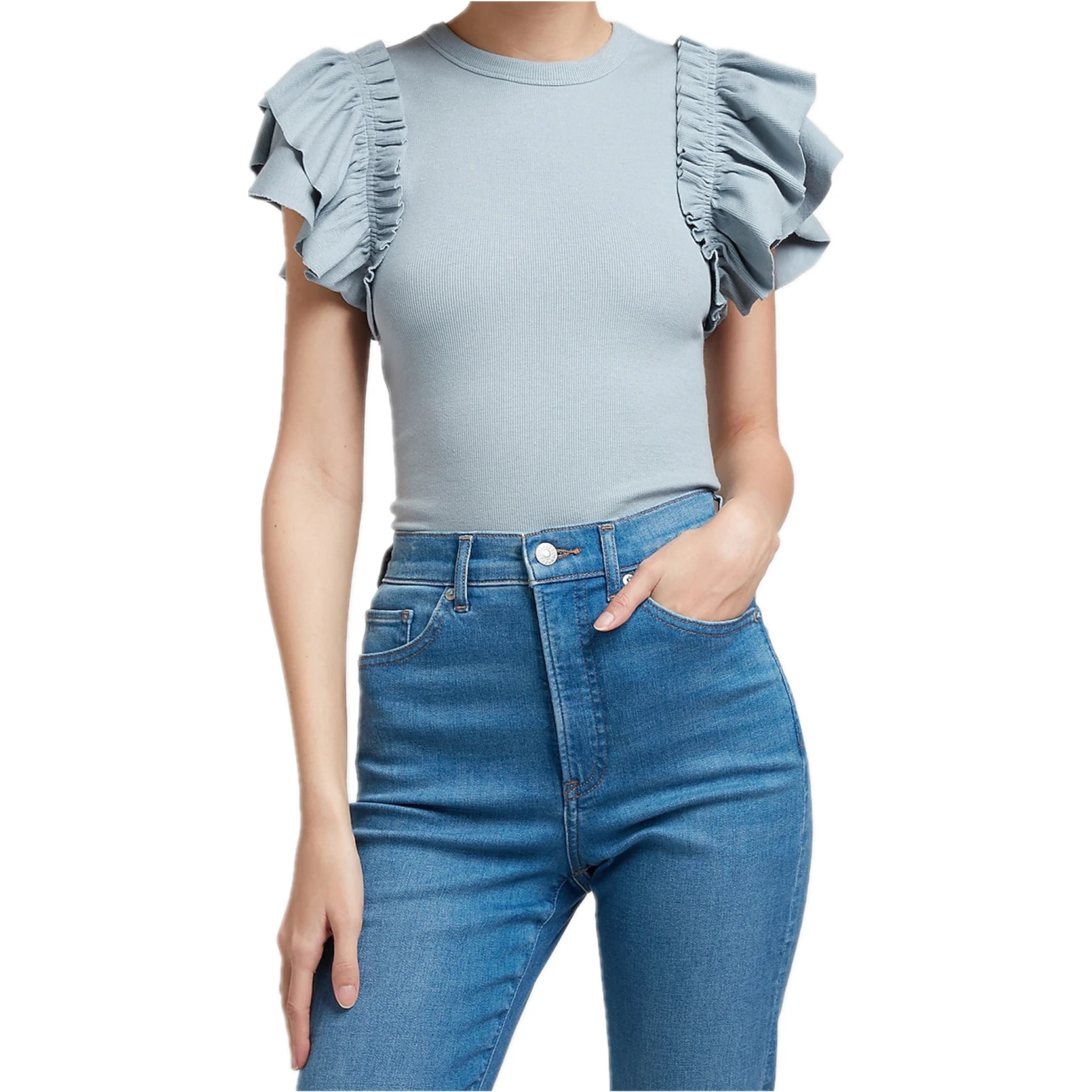 New Black Short Ruffle Sleeve Women Tops And Blouses Summer Cotton Solid Ribbed Crew Neck Casual Straight Hem Women Blouse Tees