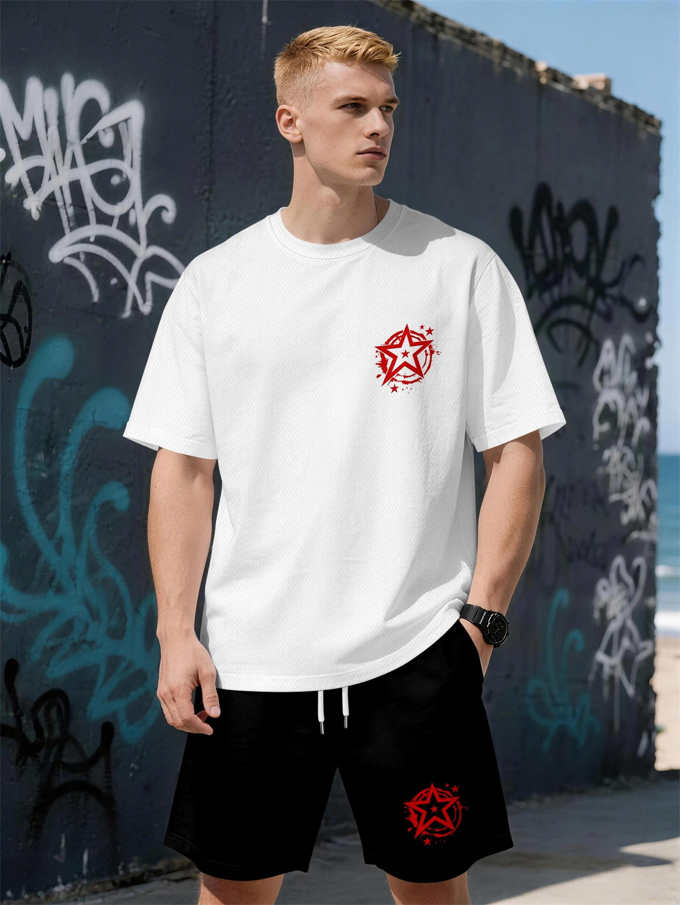2026 Summer New Men's Short-Sleeved Set with 3D Trendy Brand Letter Print Fashionable Street Style Comfortable Lightweight Soft