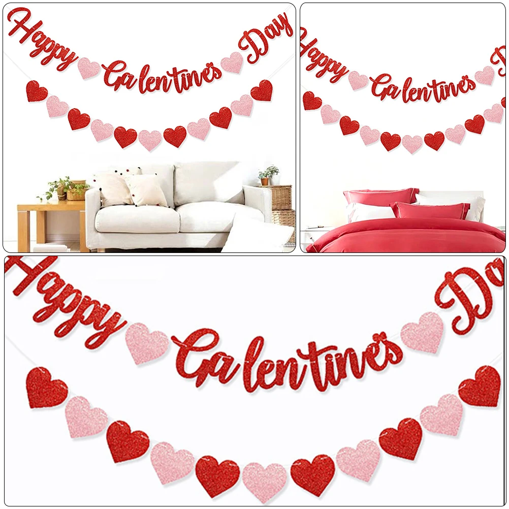 

Valentines Decorative String Flags Heart Shaped Paper Bunting Hanging Party Adornment Banner Reusable Valentine Flags