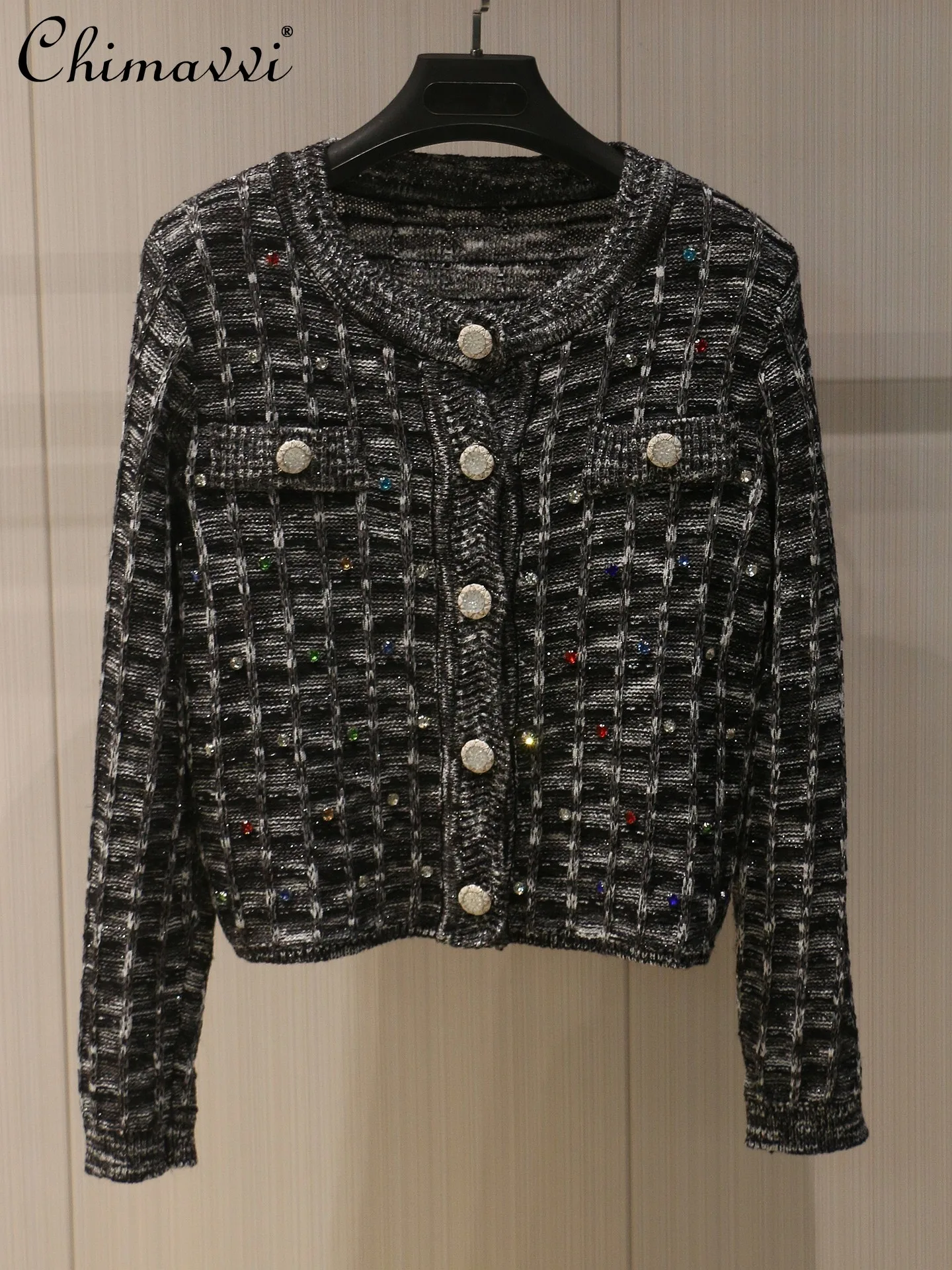 

French High-End Heavy Beaded Round Neck Single-Breasted Short Knitted Cardigan Women Fashion Long Sleeve Elegant OL Slim Top