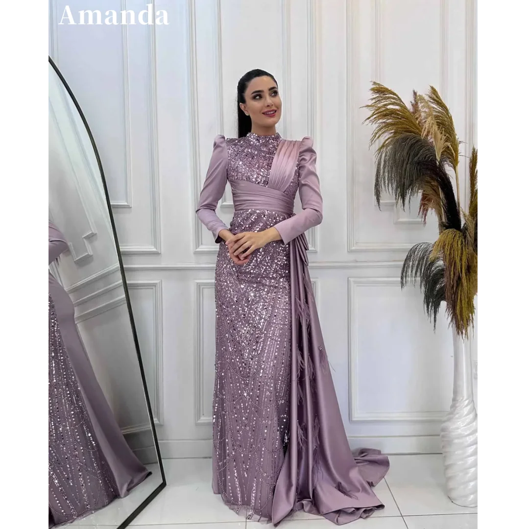 Amanda Modest manica lunga muslimagnaws cattero lussuoso raso viola Vestidos De Fiesta paillettes eleganti abiti Porm collo alto 2024