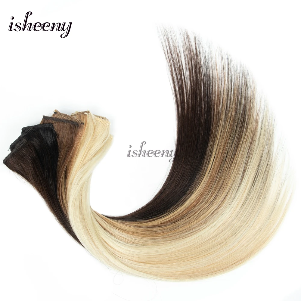 Isheeny 6 قطعة مشبك صغير في وسادة الشعر البشري 1 كليب على آلة لحمة وصلات شعر 12 "-16" 30 جرام/الحزمة مشبك شعر طبيعي مستقيم #5