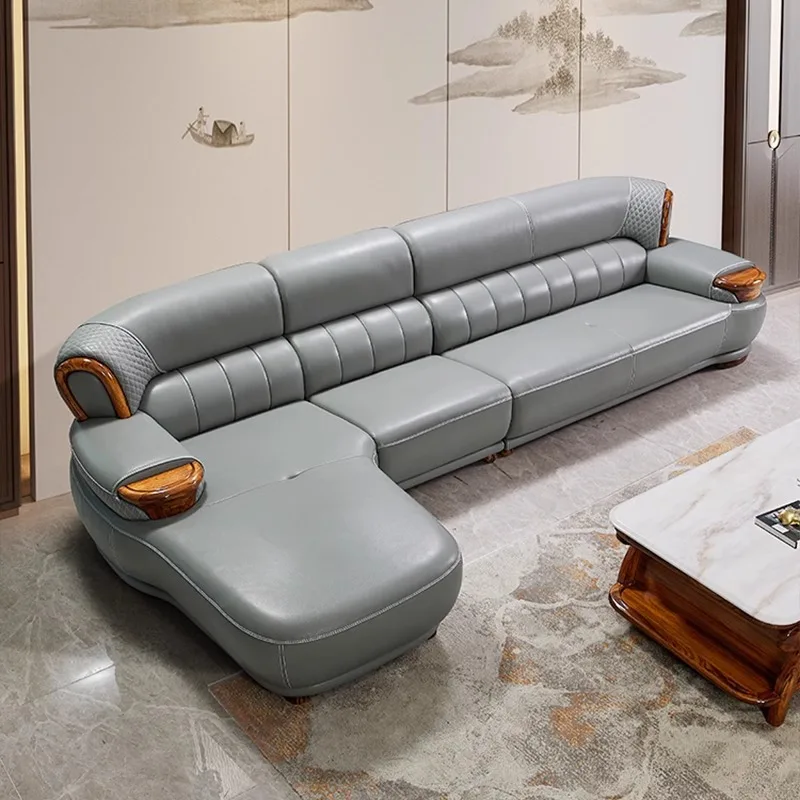 New Chinese black gold wood leather sofa high-end luxury villa living room simple concubine