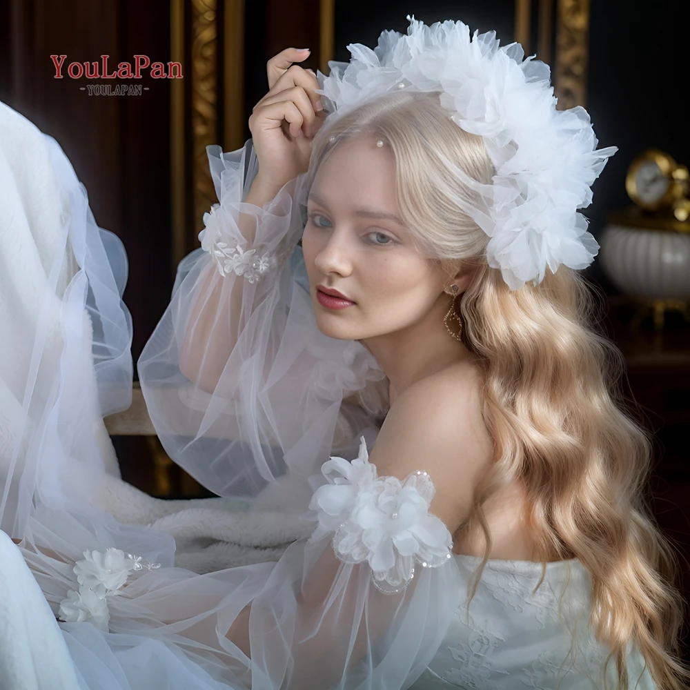 YouLaPan Elegant ผมดอกไม้ Veil สีขาว 3d ดอกไม้สั้นผ้าคลุมหน้าเจ้าสาวผ้าคลุมหน้าดอกไม้งานแต่งงาน Cosas Para Boda 2024 VA21