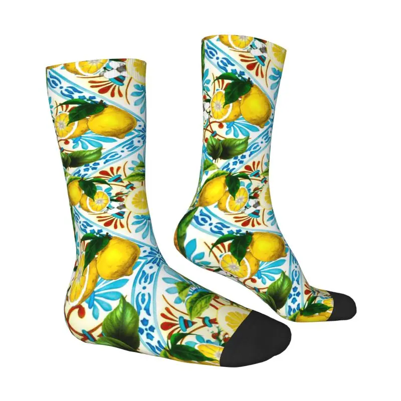 Custom Mediterranean Style Sicilian Tiles Lemons Citrus Dress Socks Men Women Warm Fashion Novelty Crew Socks