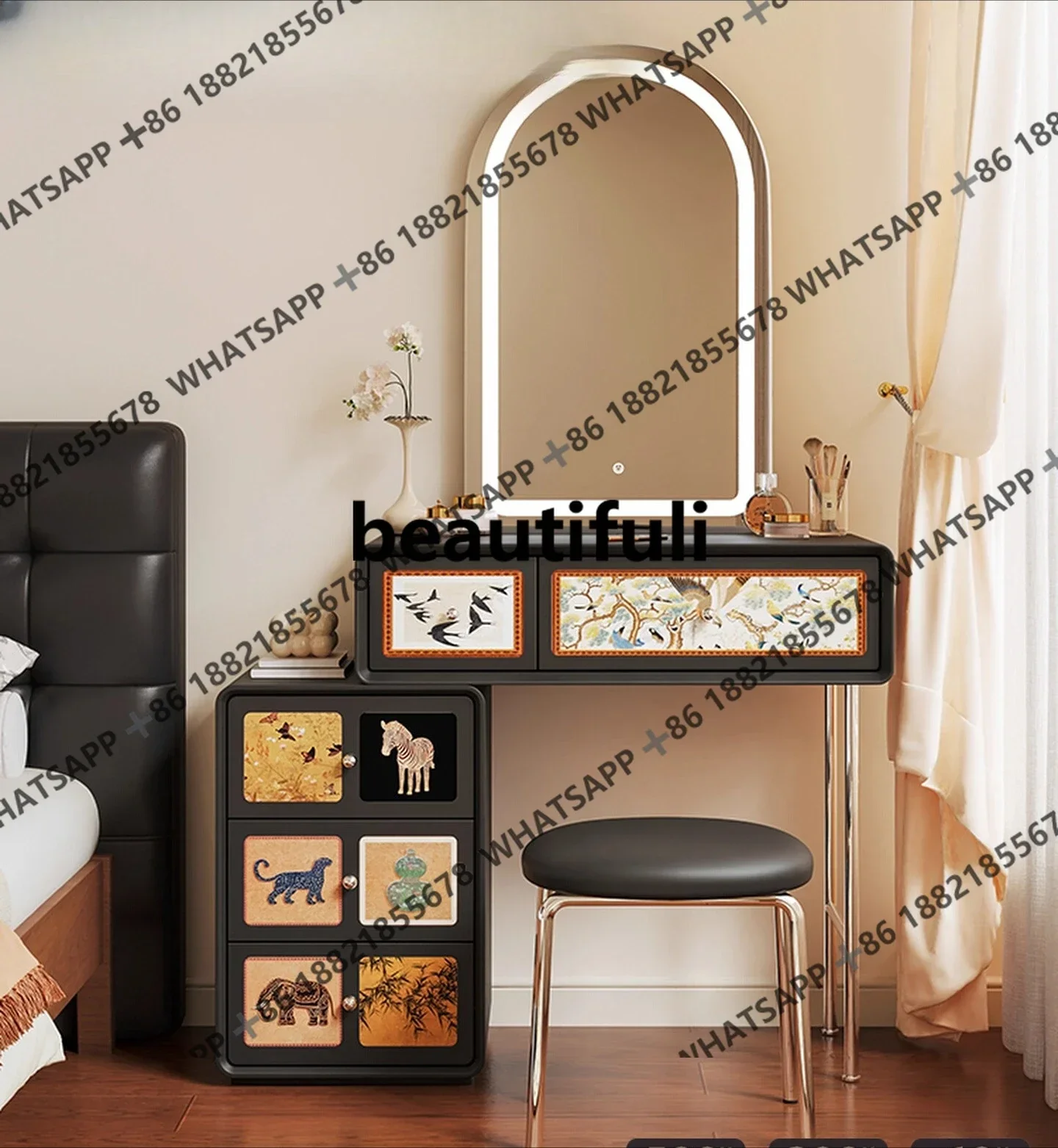 

ZJSolid wood dresser bedside table integrated black retro makeup table storage cabinet modern and simple