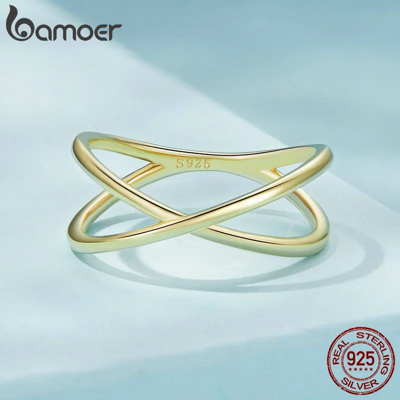 BAMOER anello X placcato oro 14K delicato anello croce minimalista in argento Sterling 925 per le donne Promise Jewelry SCR543