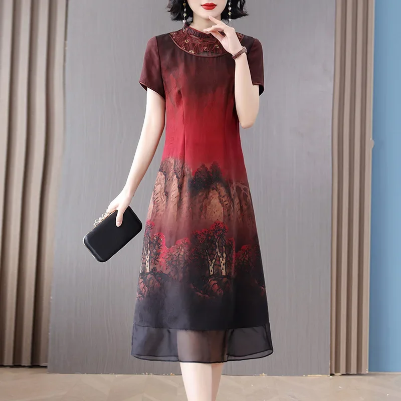 Elegant Vintage Embroidered Long Dress For Women Fashionable Summer 2023 Mother's Attire Cloud Dragon Scented Gauze