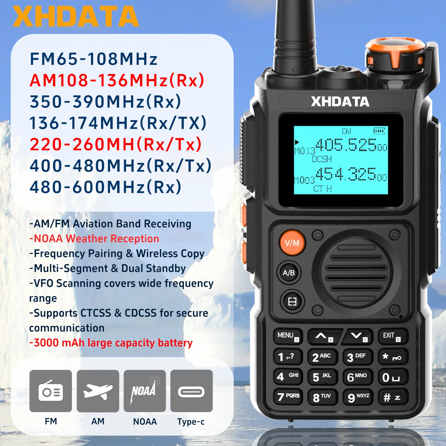 XHDATA E-100 UHF VHF هام راديو لاسلكي تخاطب 3000mAh قوة كامل النطاق TypeC شحن تردد لاسلكي استنساخ طويل المدى
