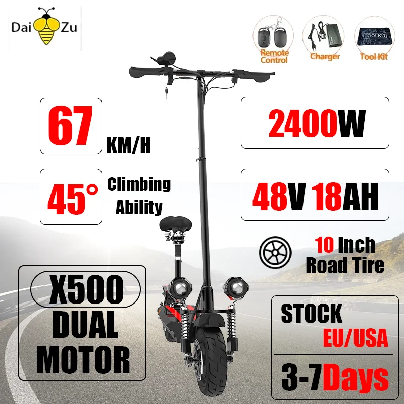 2400W Dual Motor Electric Scooter 67KM/H Max Speed E Scooter 48V 18AH with Seat 10 Inch Road tire for Adults Max Range 70KM