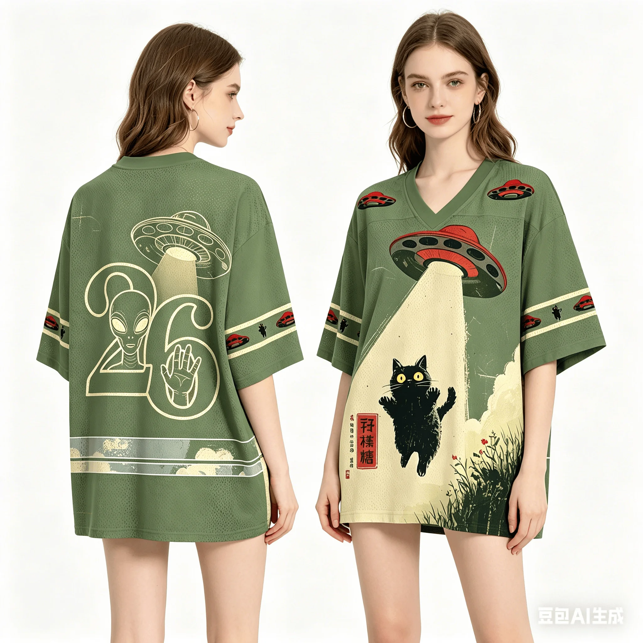 UFO Cat Kidnapping Jersey Retro Alien Spaceship Black Cat Print V-neck T-shirt for Adults and Children Fun Street Wear CasualTop