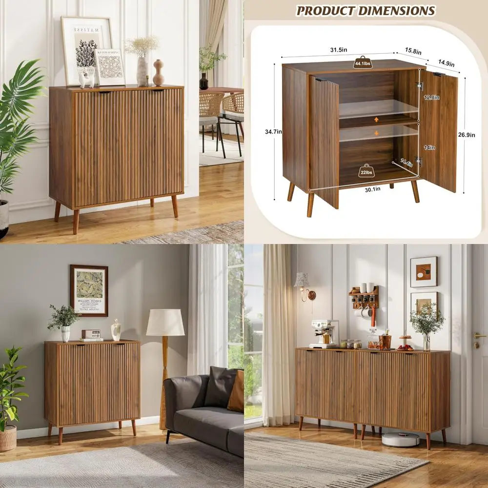 

Fluted Sideboard Buffet Cabinet Storage 2 Doors Solid Wood Feet Kitchen Hallway Furniture