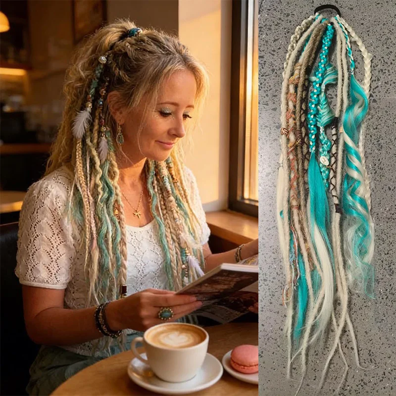 

Handmade Bohemian Dreadlock Ponytail Clip-in Synthetic Braided Hair Extensions Long Brown Boho Wig with Decor