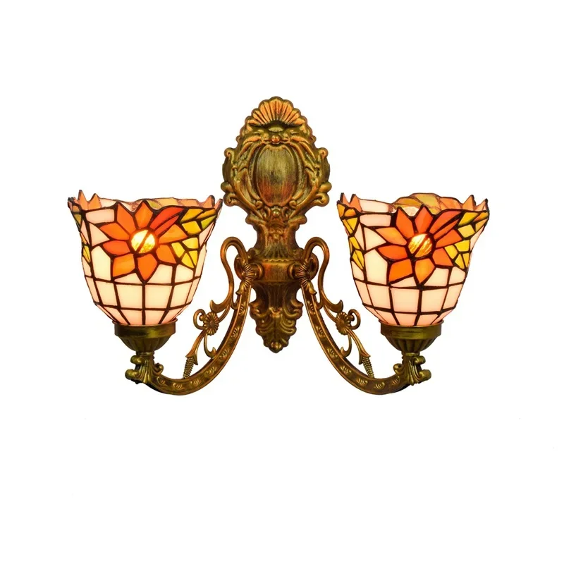 

Tiffany retro corridor double-headed wall lamp American stained glass living room dining room sun flower glazed lamp
