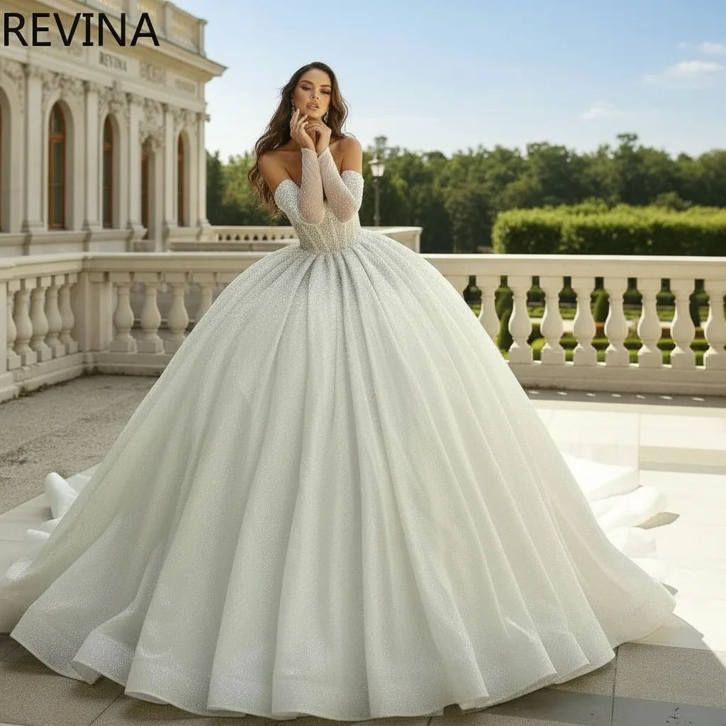 

Elegant Ball Gown Wedding Dress Sweetheart Pearl Detachable Long Sleeves Vestido De Novia for Women Customized Bridal Gown