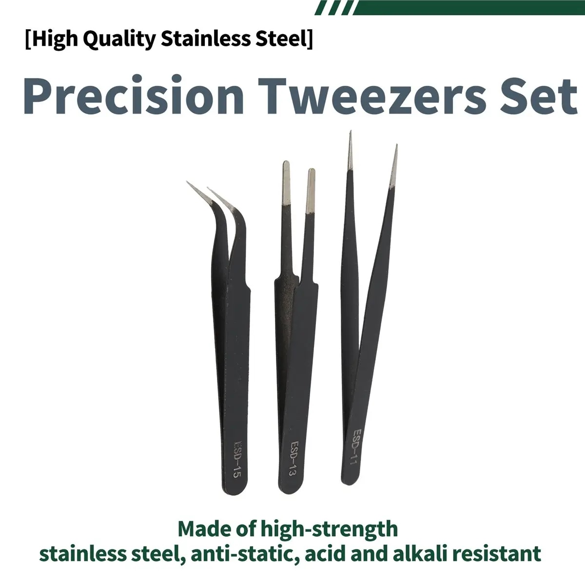 #80S Precision Tweezers Set,Anti-Static Stainless Steel Tweezers 3PCS,Stainless Steel Tweezers,(Black)