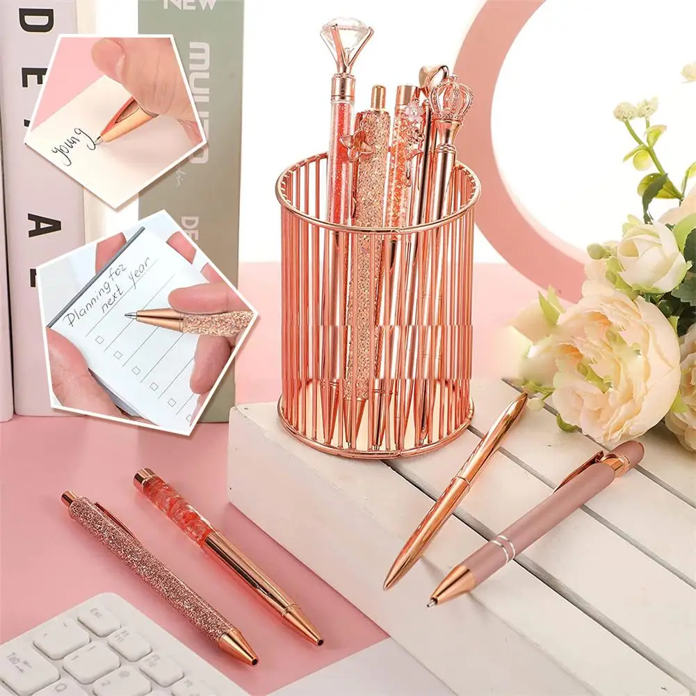 9PCS Rose Gold Metal Ballpoint Pen Set Crystal Diamond Pen Black Ink Ballpoint Pen for Women Office Glitter Pen Wedding Supplies