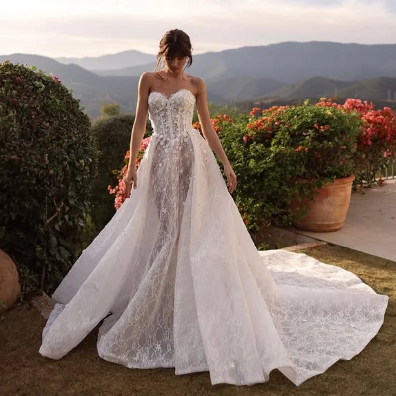Shiny Luxury White fishtail Appliques Wedding Dresses off-shoulder 3D Flower Decal Fishtail Bridal Gowns Made Customized