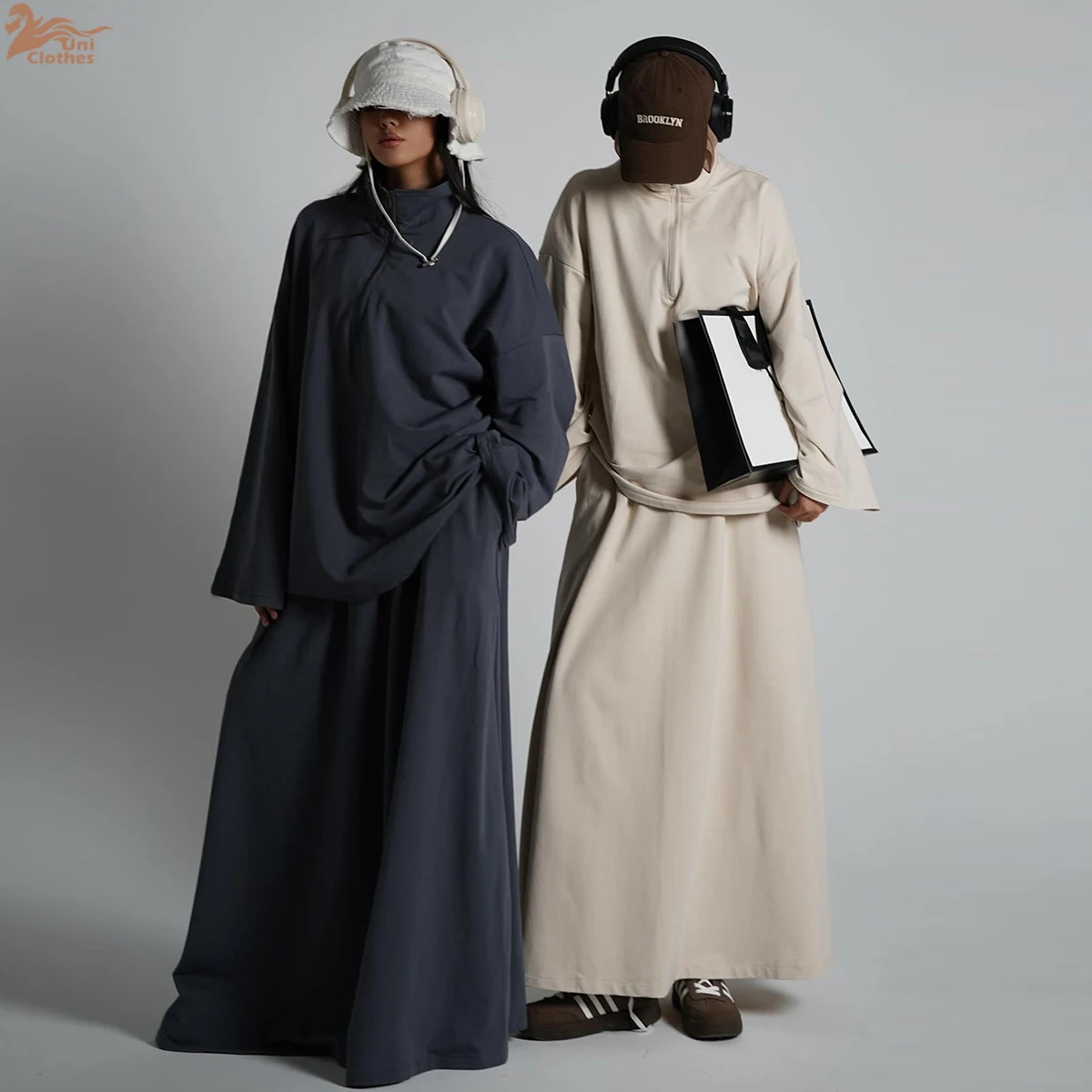 

Zahraa 2026 Trendy Muslim Clothing Pure Cotton Plain Solid Color Two Piece Abaya Set Long Top and Skirt for Daily Wear