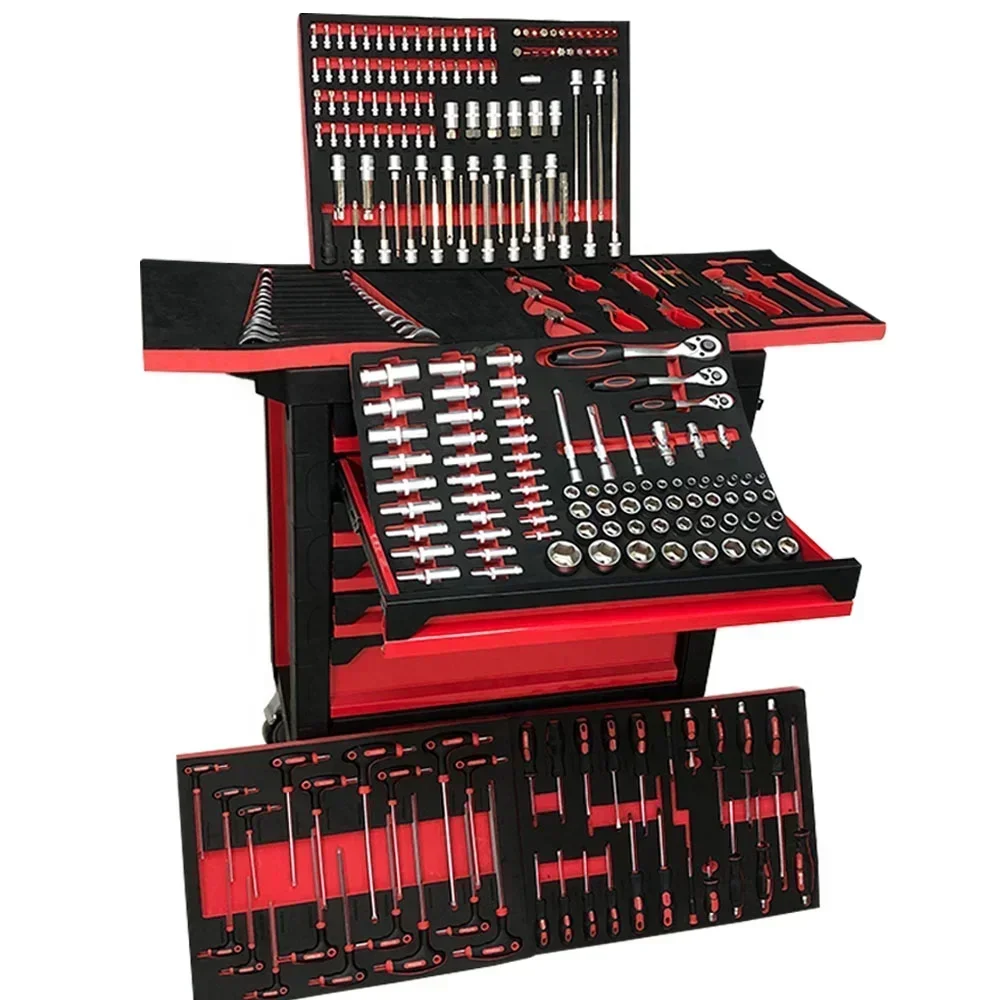 

Lockable and Portable Multi-function Auto Repair Tool Box Trolley Cabinet Toolbox Multiple Compartments with Full Tools