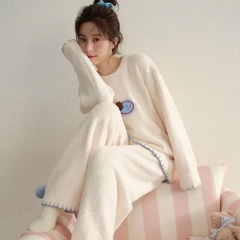 New Autumn Winter Women's Cute Plush Pajama Set Crew Neck Long Sleeve Pullover Tops Soft Casual Ladies Sleepwear Loungewear Suit