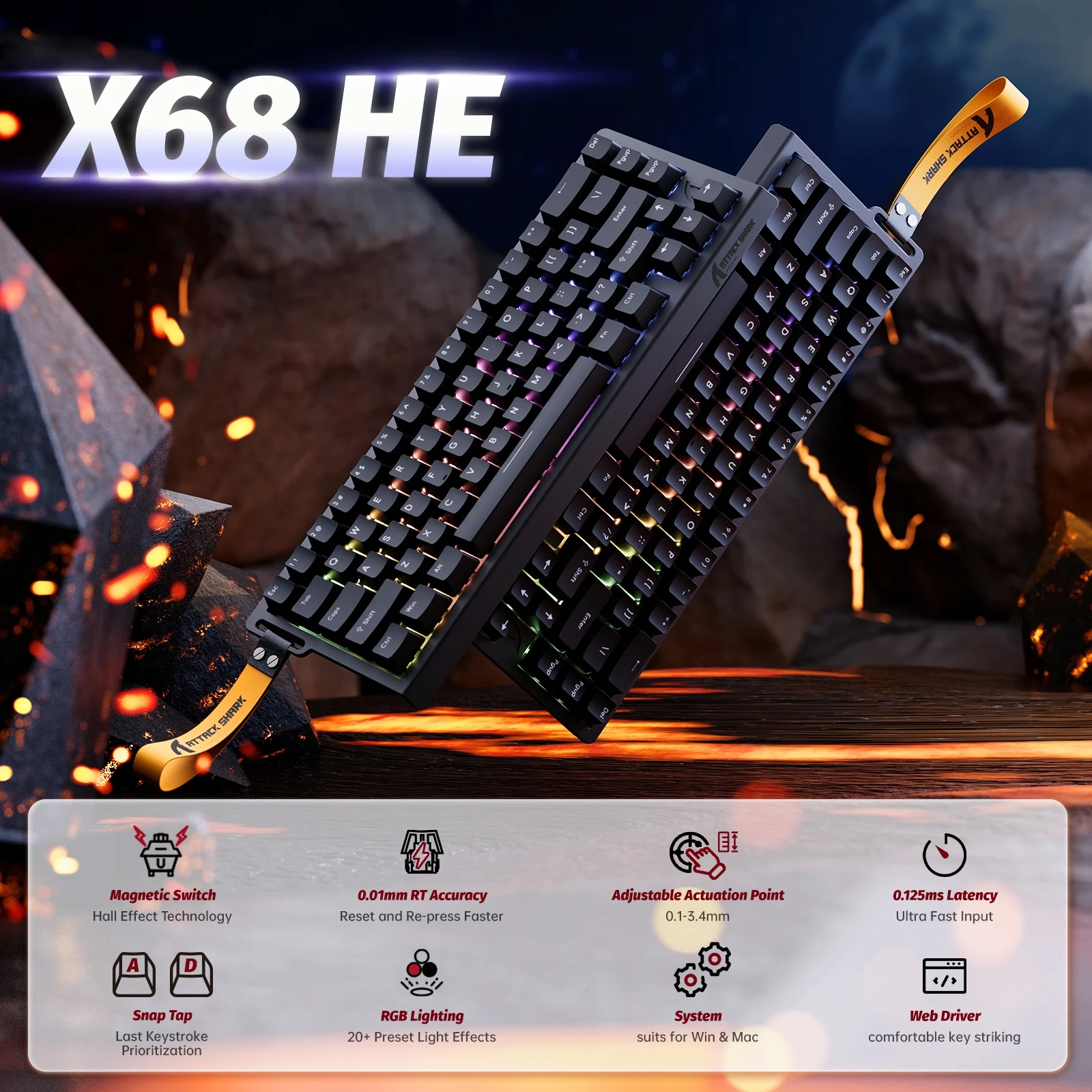 ATTACK SHARK X68 HE Wired 8KHz Magnetic Keyboard 60% With 0.01mm RT Accuracy 0.125ms Low Latency RGB Customization for Esport