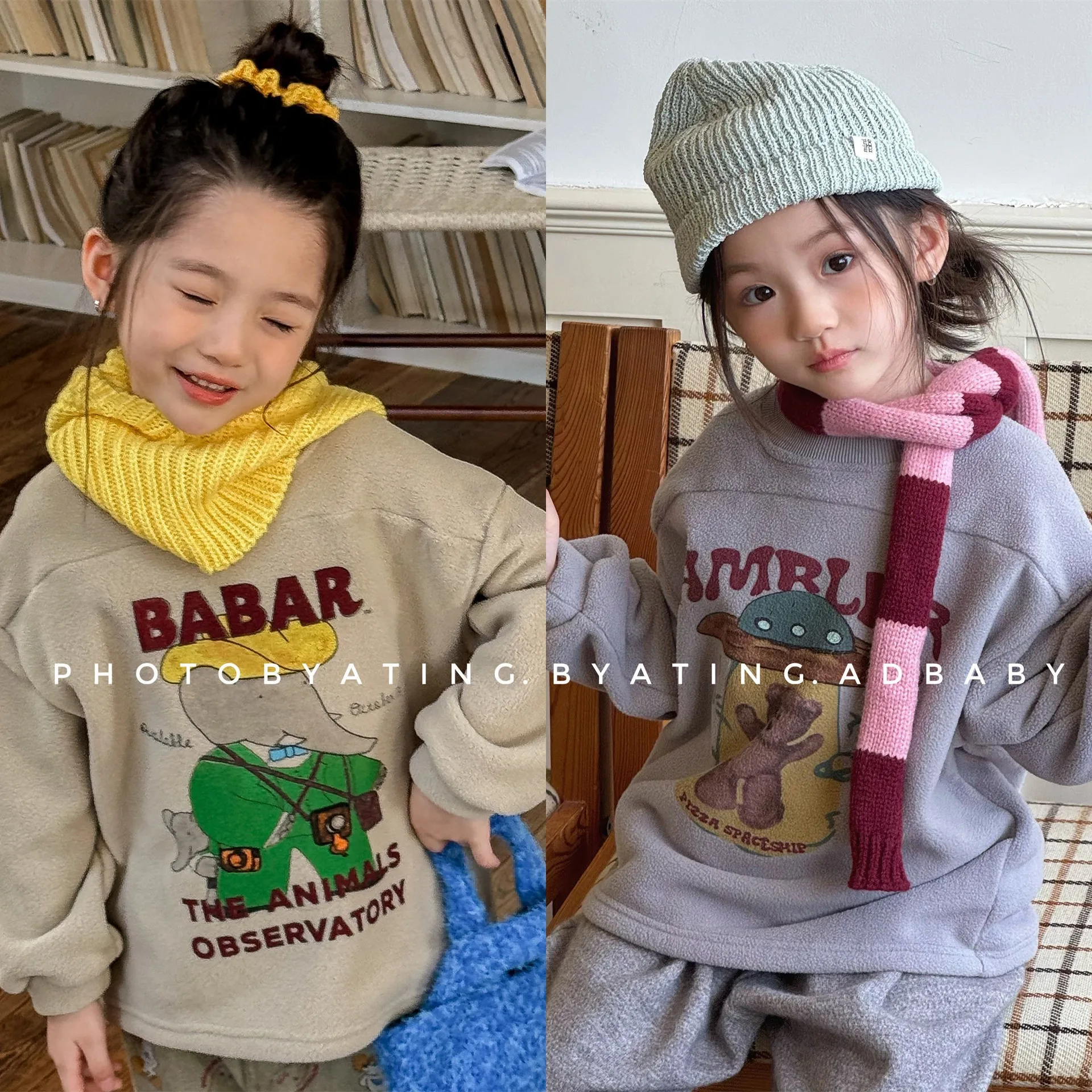 Boys Girls Casual Pullover Plus Velvet Thick Kids Warm Tops Winter New Children Long Sleeve Fleece Sweatshirt Cartoon Print