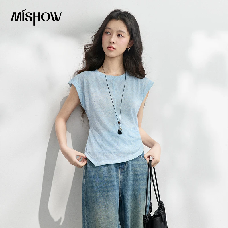 MISHOW Slim Pleated T-Shirt Women 2026 Summer New Solid Raglan Sleeves Breathable Minimalist Top With Tassel Pendant MXF26T1651