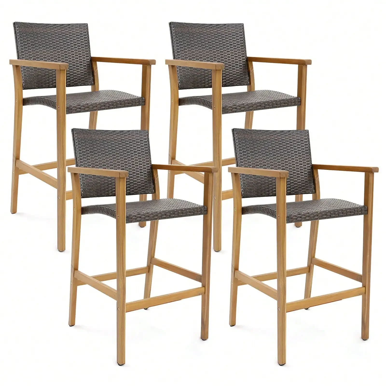 

Patio Rattan Bar Stool 4PCS PE Wicker Bar Chairs w/Armrests & Sturdy Footrests