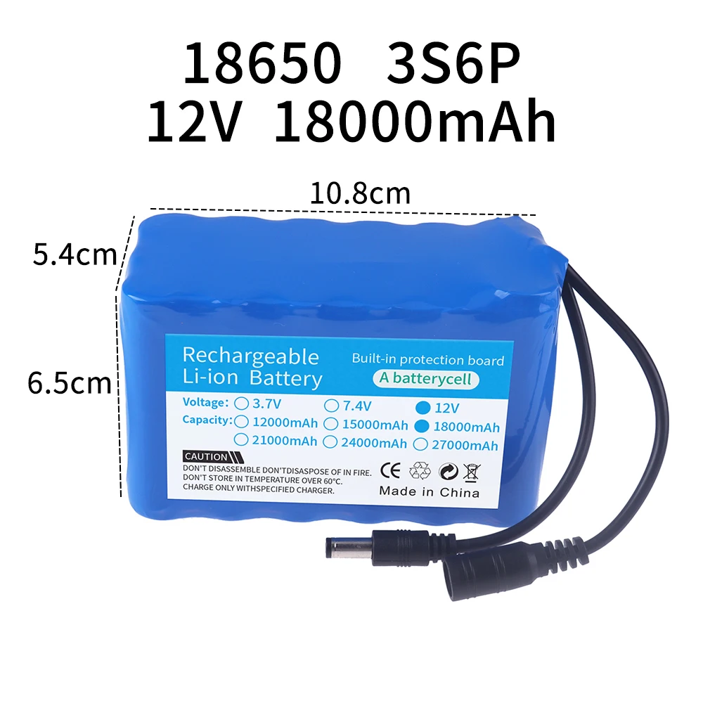 12V 18000mah Battery 3S6P Real capacitance Rechargeable Lithium Ion Battery Pack Capacity DC 12.6v 18Ah CCTV Cam Monitor+Charger