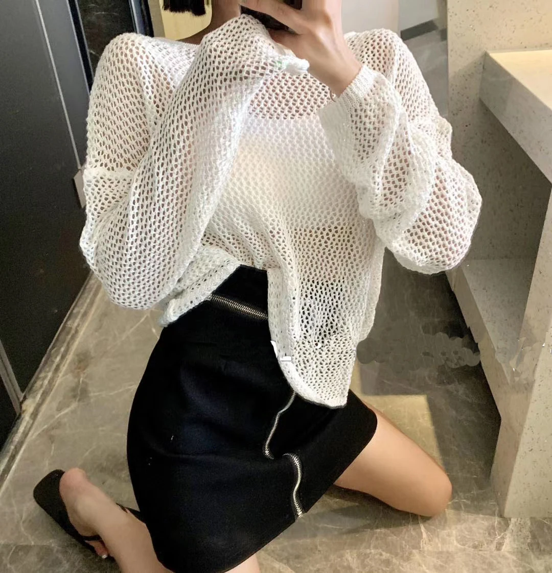 Women 2023 Summer Long Sleeve Sweater Sexy Backless Hollow Out Cross Pearl Knit Pullovers Fashion Clothing Sweet Girl