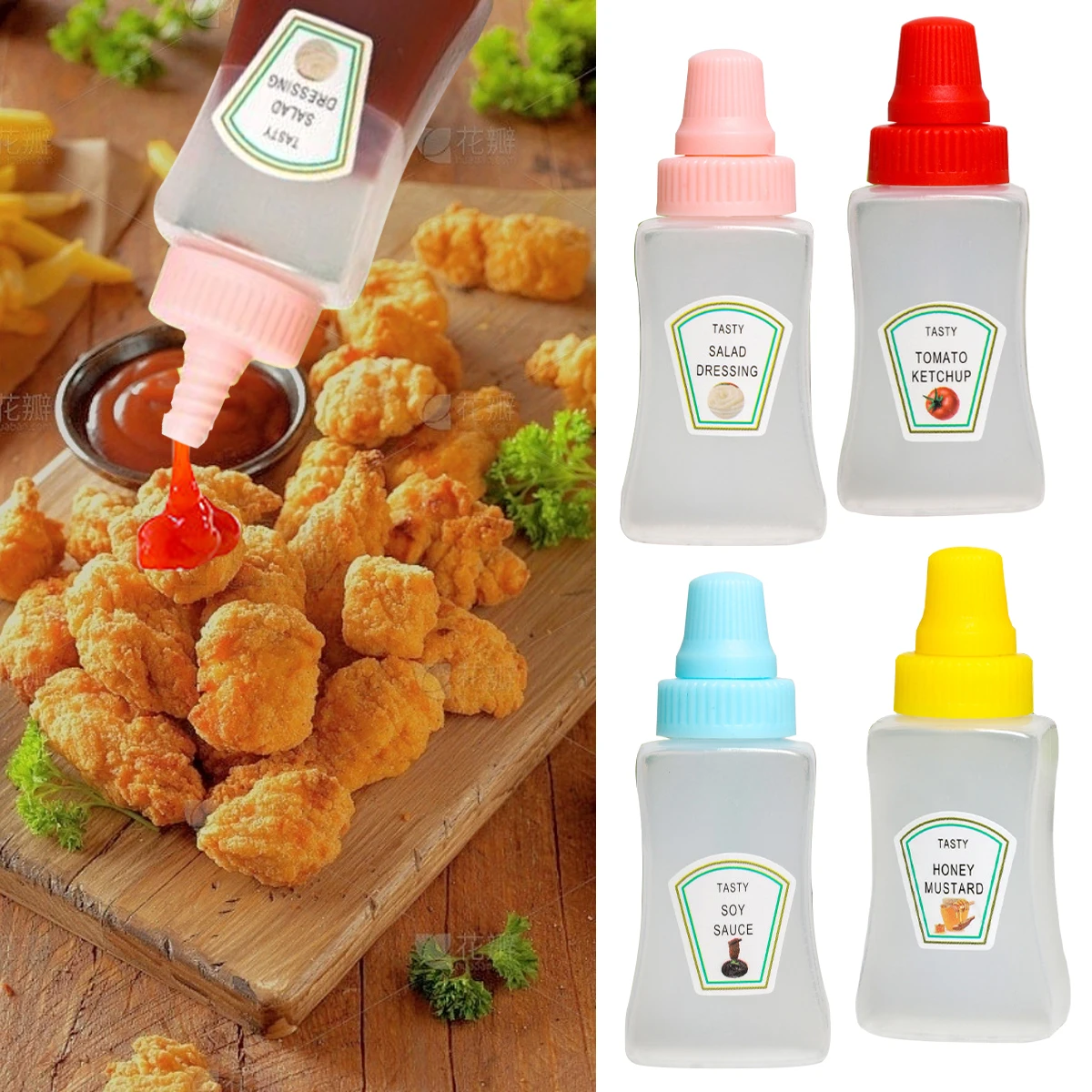 

8pcs Lunch Bento Soy Sauce Box Container with Dropper Cute Design Plastic Condiment Dispenser Mini Salad Tomato Sauce Bottle