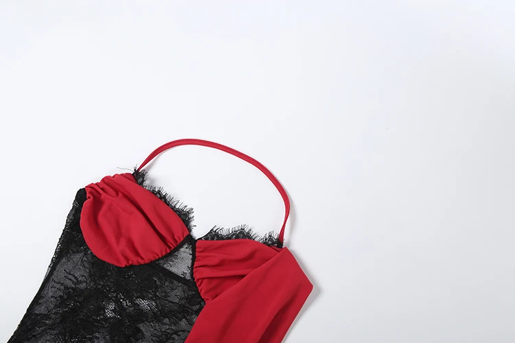 Weird Puss Spitzen-Patchwork-Kleid für Damen, Neckholder, tiefer Ausschnitt, Falten, rückenfrei, ärmellos, eng anliegend, hohe Elastizität, sexy, für Partys, figurbetont – Detail 6