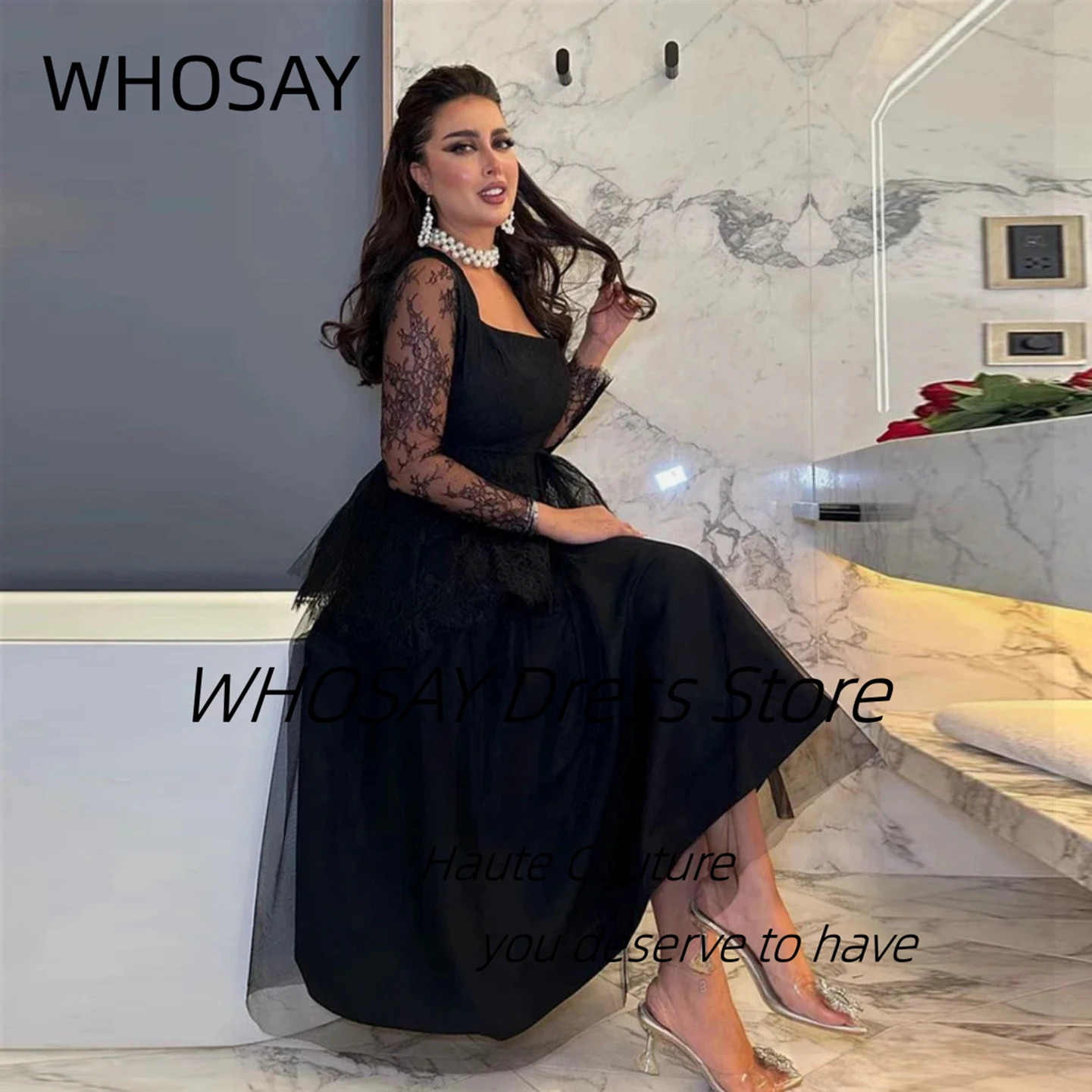 

Черные платья для выпускного WHOSAY, кружевные вечерние платья с длинным рукавом и баской, платье с квадратным вырезом, коктейльное платье