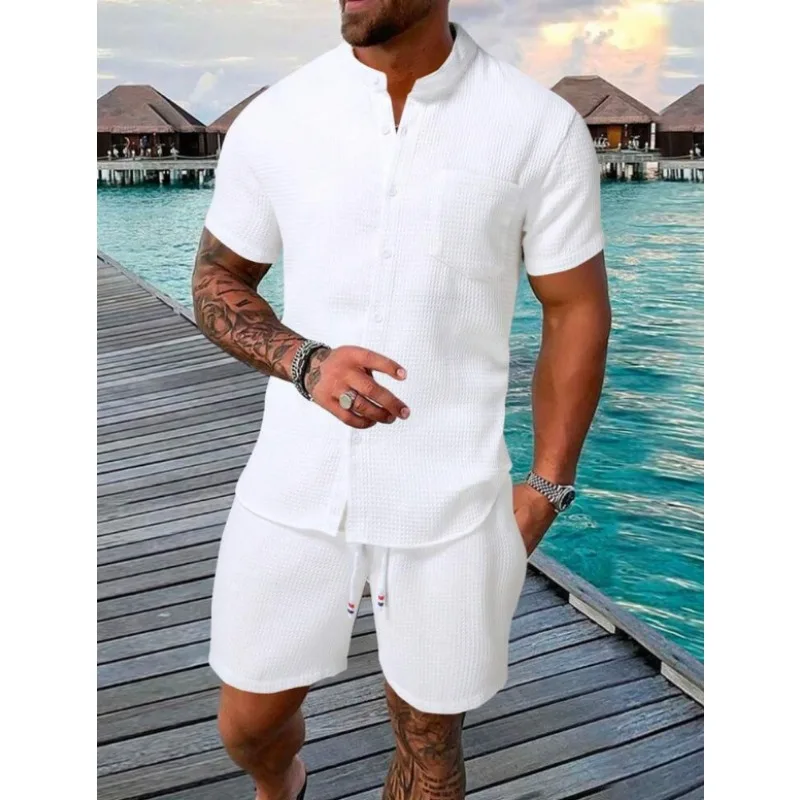 

Летний повседневный мужской простой однотонный комплект текстурированной рубашки с короткими рукавами и шортами