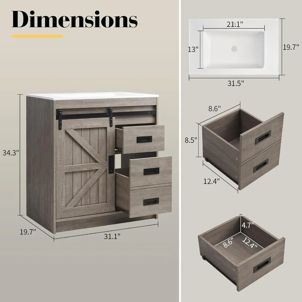 31 "مزرعة منزلقة باب الحظيرة الحمام الغرور مع مجموعة بالوعة، خزانة الحمام مع أدراج ومقابض معدنية، قائمة بذاتها #2