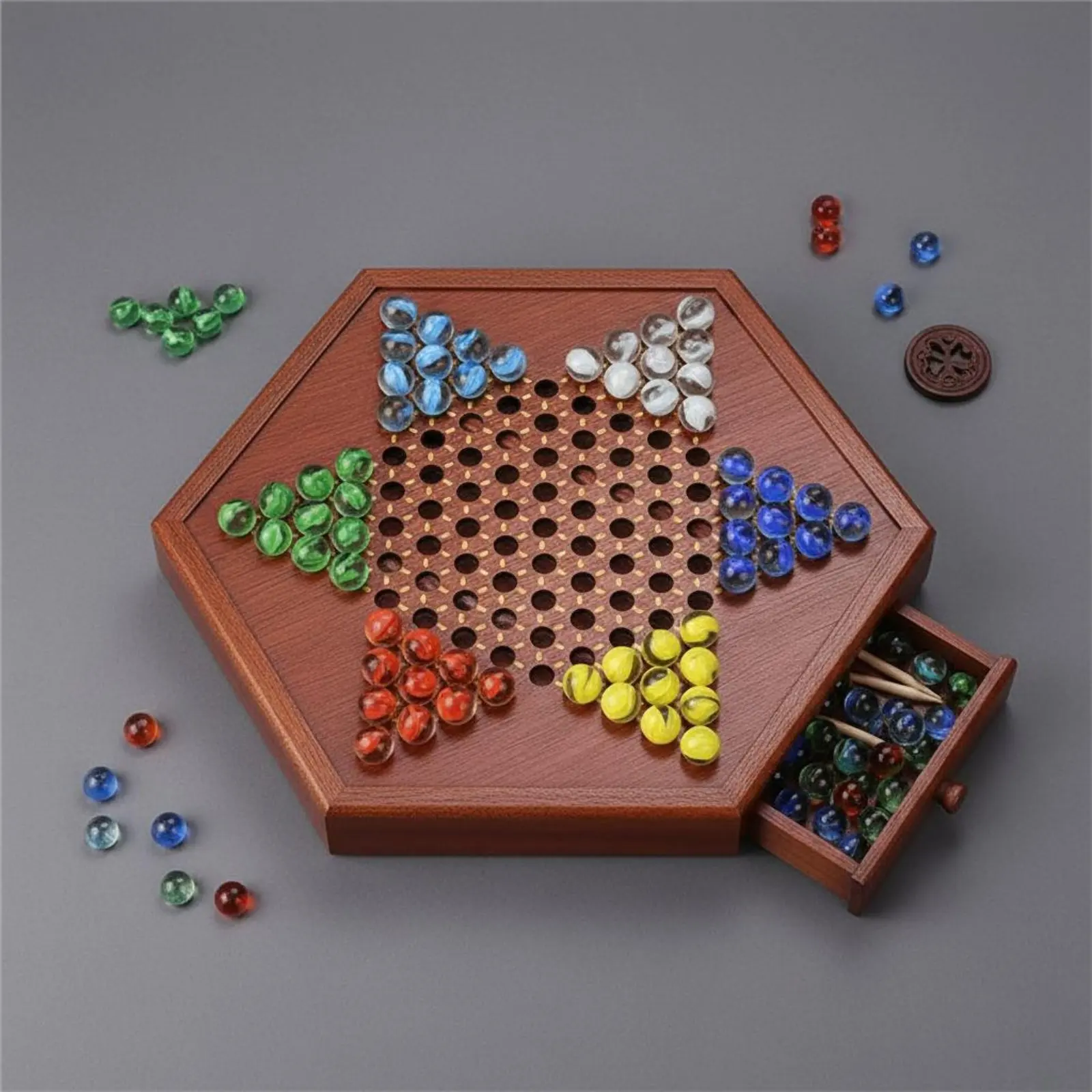 Chinese Checkers Board with Storage Drawer Premium Design Hardwood Wood Hexagonal Checkerboard 6 Player Marble Game for Children