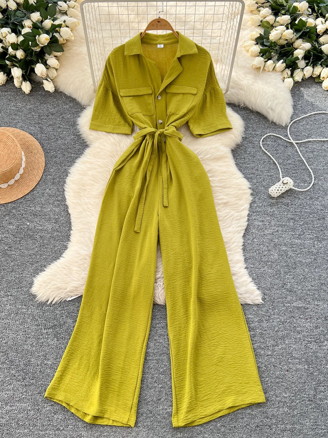 Summer Casual Women Wide Leg Jumpsuit Vintage Turn-Down Collar Short Sleeve Single Breasted Romper Green/Blue/Rose Red New