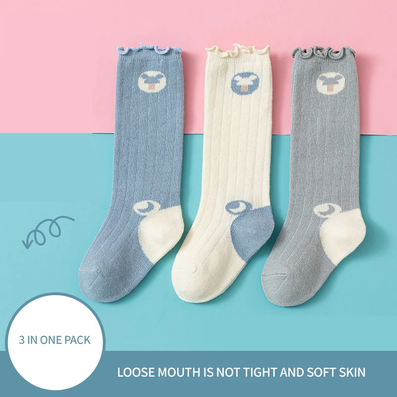 3 Pairs Baby Kids Girls Boys Knee High Socks Comfortable Soft Cute Cartoon Moon Cotton Skin-friendly Lace Stockings For Baby