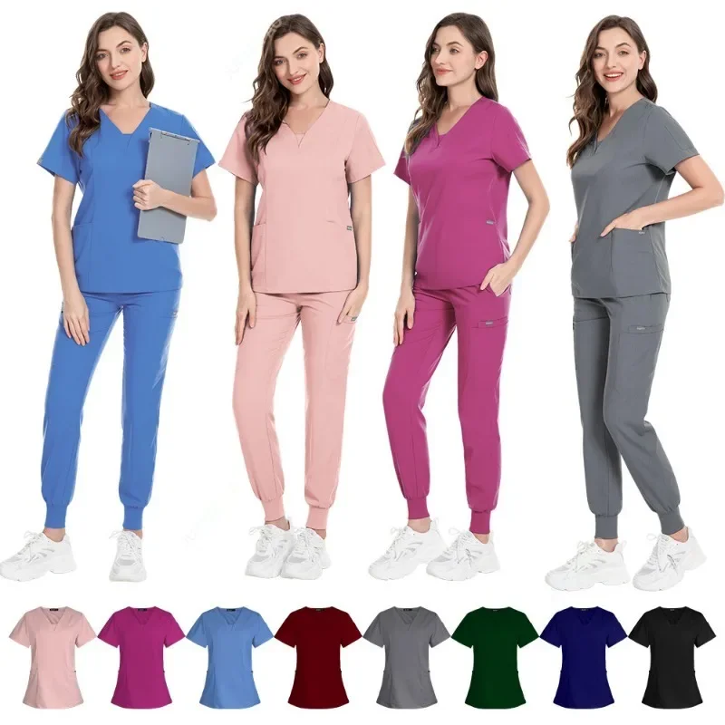 New Frosted Set Nurse Work Clothes Nursing Top and Pants Men and Women Solid Color Nurse Surgical Clothing Hospital Work Clothes