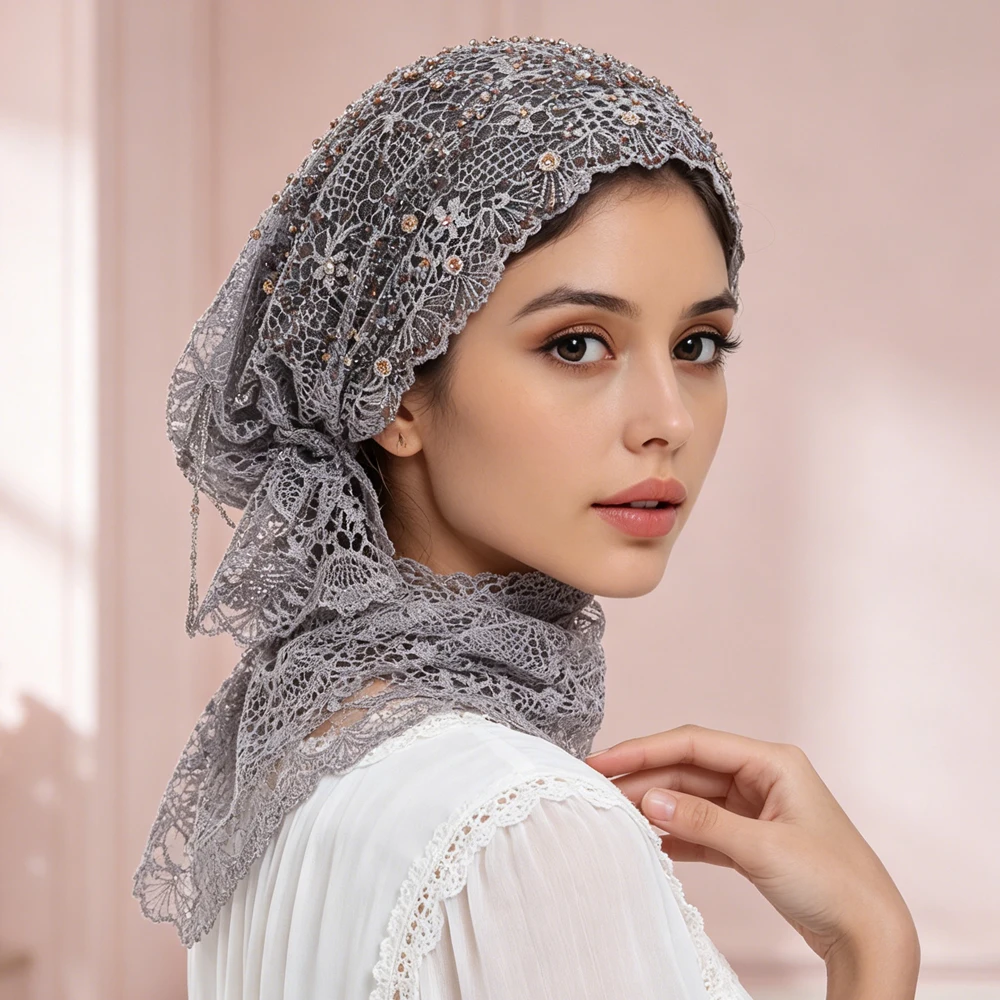 

Tassel Embroidery Turban Cap Women Muslim Hijab Hat Wedding Party Headscarf Beanies Lace Bonnet Head Wrap Shawls Headwear Luxury