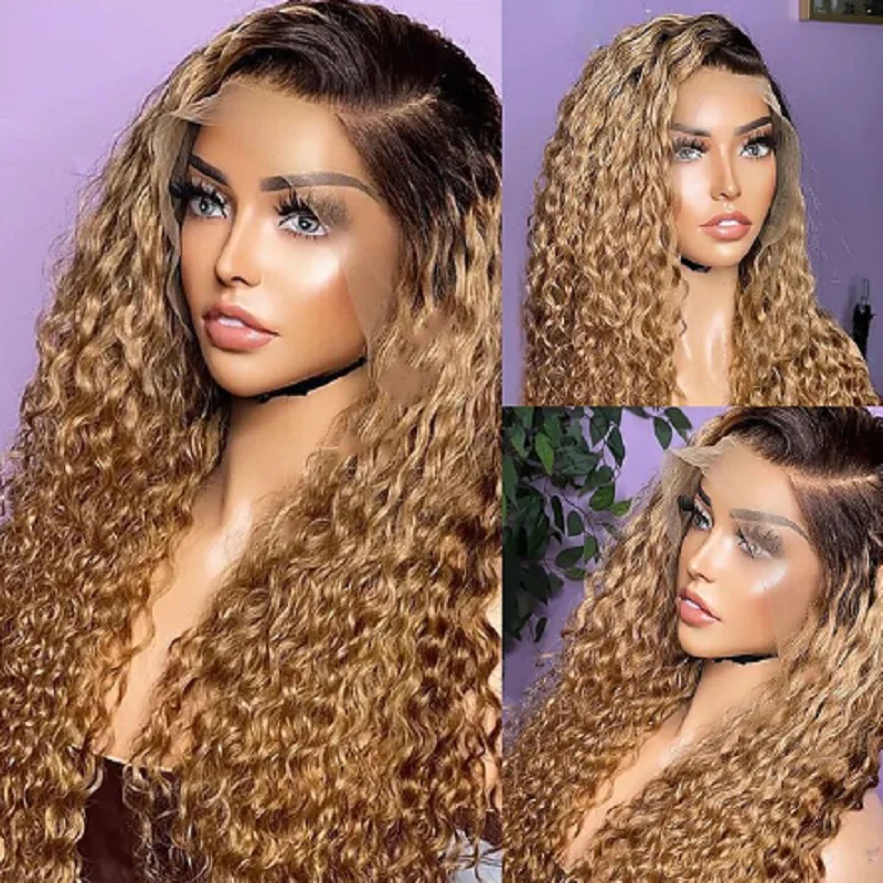 

180Density 26Inch Long Ombre Blond Kinky Curly Lace Front Wig For Women With Preplucked BabyHair Glueless Fashion Heat Resistant