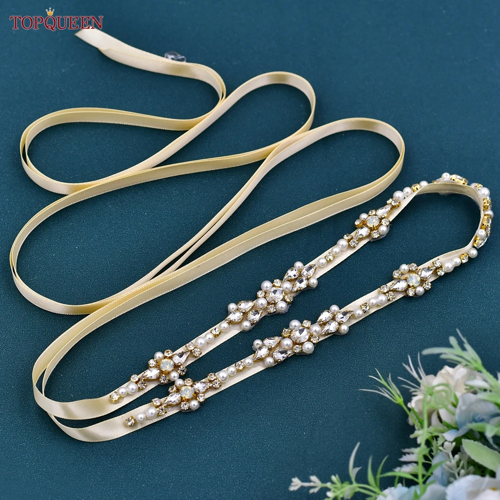 

Topqueen S488-G Luxury Opal Beaded Dress Belt Pearl Gold Rhinestone Wedding Dress Bridesmaid Dress Wedding Accessories