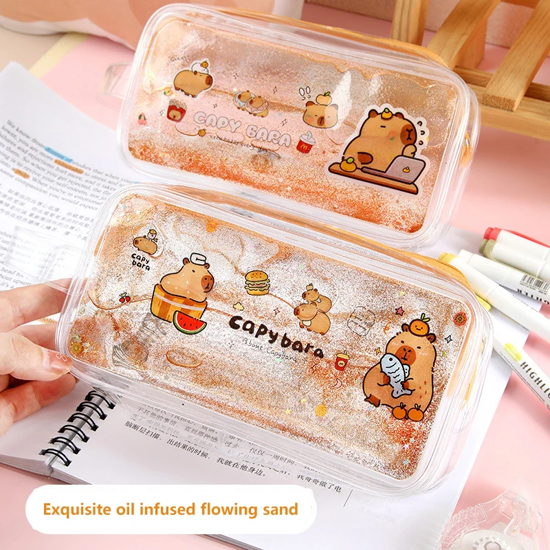 1Pc Cartoon Quicksand Pen Pouch Transparent Portable Pen Pouch Large Capacity Stationery Organiser School Office Supplies