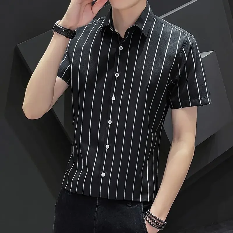 

Red Blue White Man ShirtShort Sleeve Short Striped Black Shirts for Men Button Up Korean Style with Sleeves New in Cheap Brand