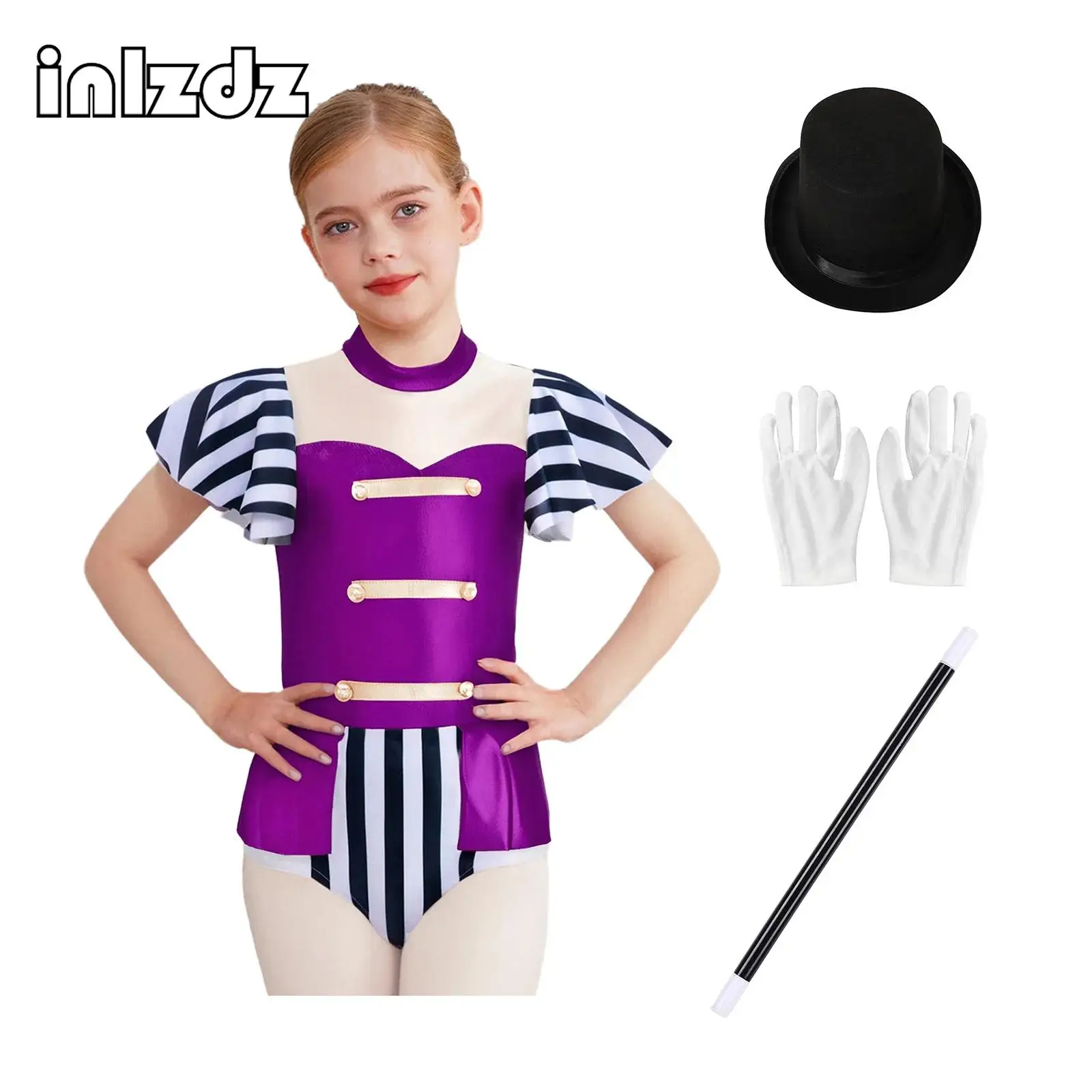 

4Pcs Girls Circus Ringmaster Costume Halloween Dress Up Party Set Metallic Gloss Short Sleeve Jumpsuit+Hat Gloves Magic Wand Set