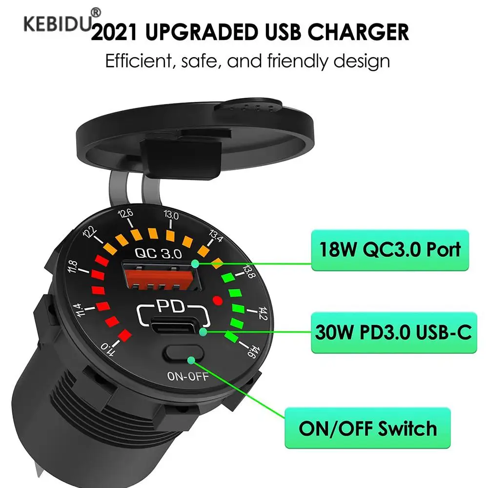 36W Dual USB QC 3.0 Car Charger with LED Voltmeter ON OFF Switch 12V 24V Waterproof USB PD Outlet Fast Charge For Car Motorcycle