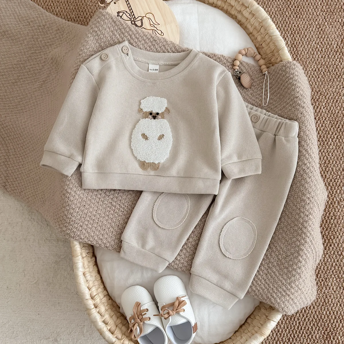 Spring Autumn Newborn 3D Lamb Embroidery 2Pcs Set,Unisex Baby Ribbed Long Sleeve Top Elastic Waist Knee Pants Costume