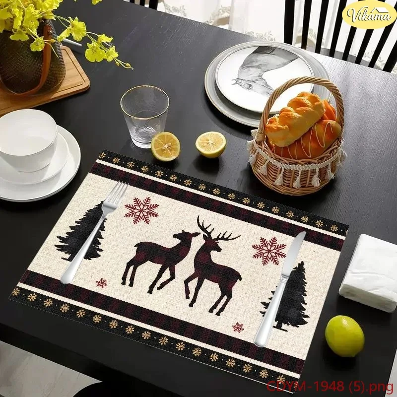 VIKAMA Christmas Placemats, Purple Poinsettia Garland Bauble Ornament Design, Washable Winter Holiday Kitchen Dining Mat