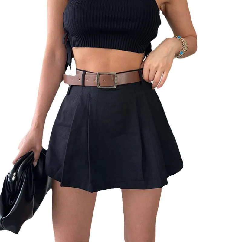 Retro Solid Color Women\'s Shorts Skirt Spring Casual Women\'s High Waist Pleated Mini Skirt Women\'s Street Slim Shorts Belt